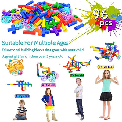 Pipe Tube Toys, 96 Piece Classic Building Blocks Assembling Toy with Wheels