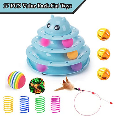 17 Piece Cat Toy Interactive Cat Toy For Indoor Cats 3 Layer Towers Roller Tracks Cat Teaser Toy With Feather