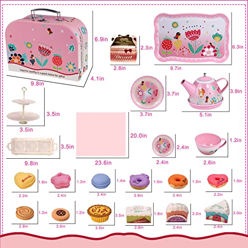 Tea set children's, pewter teapot, dessert toy, cookies, donut, cake, tablecloth and carrying bag