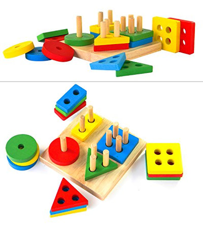 Kids Wooden Stacking Toy Colorful Shape Sorter Stacker