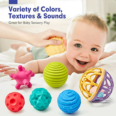 Baby Toy 0 Months - Baby Ball 6 PCS Baby Sensory Toy and 1 PC Rattle Balls, Baby Sensory Ball Toy