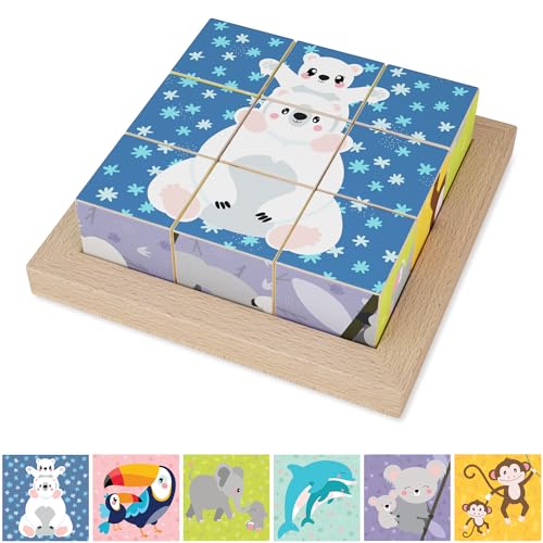 Wooden picture cube puzzle: toys for children from 2 3 years, motor skills toys, children's toys, wooden toys, wooden puzzle with 6 wild animal motifs