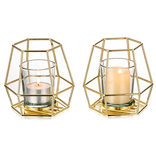 Geometric Gold Tealight Holder Candle Holder Metal - Set of 2 Pillar Candle Holder with Votive Glass Tealights Modern Geo Deco