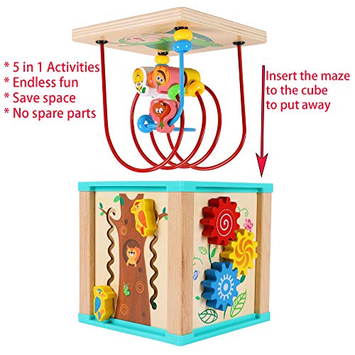 Motor Activity Cube Beads Maze Wooden Toy Activity Cube for Babies Wooden Motor Loop-5 Activities Counting Rollercoaster Beads Maze-Early Learning Toy