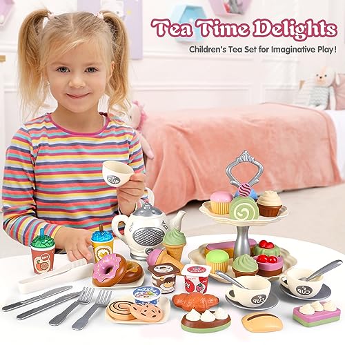 Tea set kids, tea toys with tea set, sound and light teapot, pastry cake cookies, kids kitchen play accessories