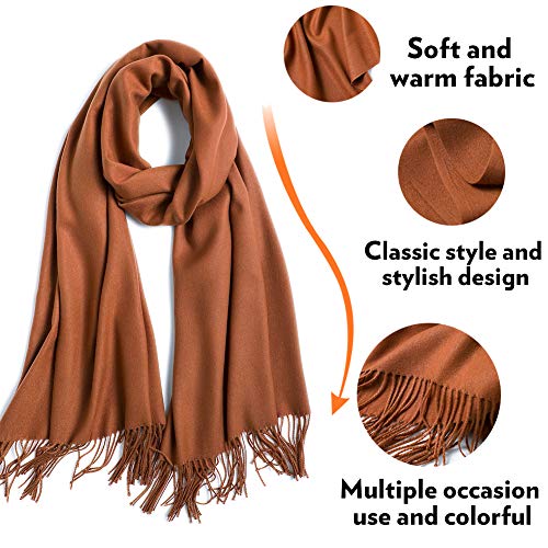 Winter Cotton Scarf Plain, Soft Winter Scarf with Fringes, Classic Scarves, Cognac