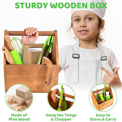 Children's Kitchen Accessories, Wooden Toy with Chef's Hat, Apron, Child Safety Knife, Shapes