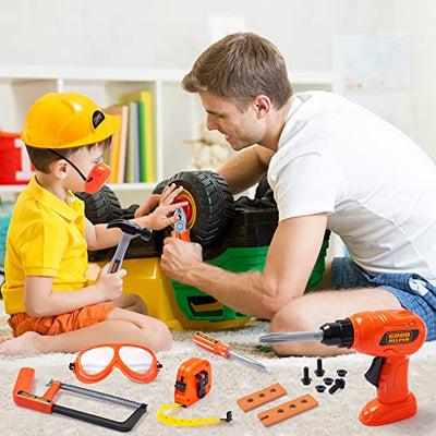 Construction worker costume role play tool toy set, with hard hat, goggles, types of toy tools, for architecture role play, Halloween party, carnival and birthday