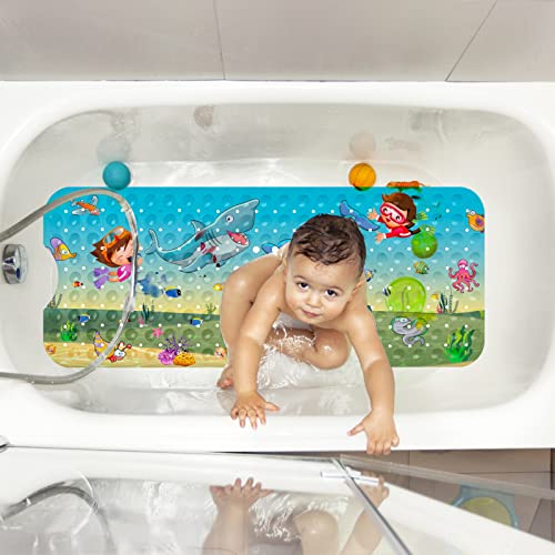 tapis de bain antidérapant pour enfants tapis de bain antidérapant baignoire sans BPA Tapis de bain extra long pour plus de sécurité des enfants, tapis de douche lavable en machine avec ventouses trous de drainage 