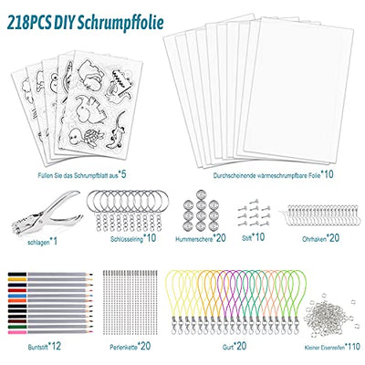 Shrink Film Set 218Pcs DIY Craft Set with A4 Translucent Shrink Film Plates A5 Coloring Shrink Film Plates Crayons Key Ring Hole Punch for DIY