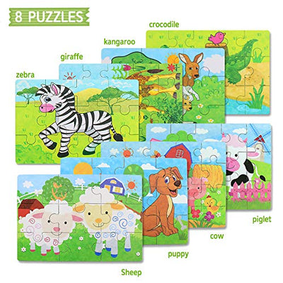 Kids Jigsaw Puzzle, 8-In-2 Box 112pcs Kids Animal Wooden Jigsaw Puzzle Sticking Wooden Toy Jigsaw Puzzles Set