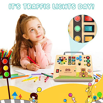 Busy Board, Light Switch Toy - Motoric Wall Sensory Activity Board Wood LED Traffic Light Travel Game