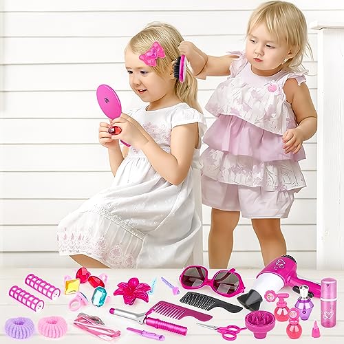 34 Piece Hairdresser and Glamour Vanity Carry Case Play Set Makeup Accessories, Pretend Jewelry, Curling Iron and Toy Hair Dryer Included