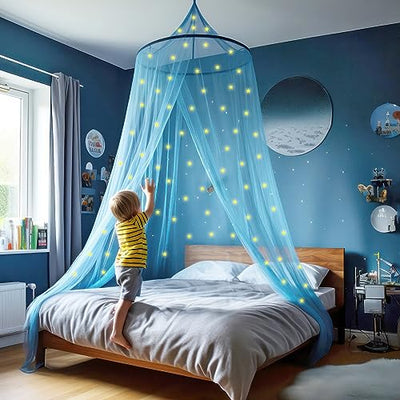 Blue bed canopy with pre-pasted glowing stars - princess mosquito net for girls room decoration blue - canopy bed curtains for kids and baby bed