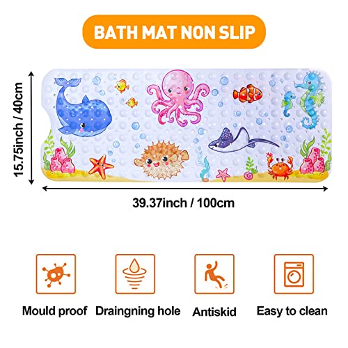 Tapis de bain pour baignoire pour enfants - Tapis de bain antidérapant pour bébé - Extra long - Tapis de sol antidérapant pour salle de bain, douche pour tout-petits - Avec ventouses et trous de drainage