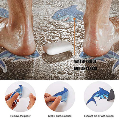 Non-slip shark bathtub stickers, 20 pieces, self-adhesive, for children and shower with high-quality scraper, each approx.