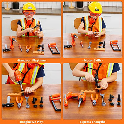 Construction worker costume role play tool toy set, with hard hat, goggles, types of toy tools, for architecture role play, Halloween party, carnival and birthday