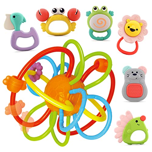 Set of 7 colorful rattles and teething rings for newborns - sensory toys