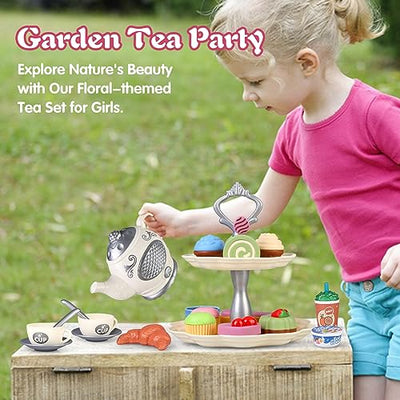 Tea set kids, tea toys with tea set, sound and light teapot, pastry cake cookies, kids kitchen play accessories