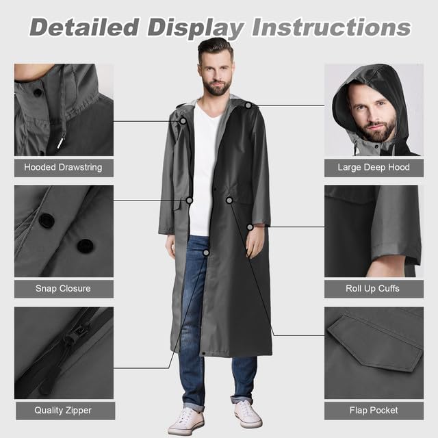 Long raincoat waterproof rain jacket unisex rain poncho with flap pocket