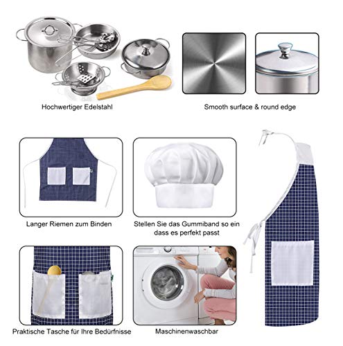 Kitchen Toy Accessories Kids Kitchen Cookware Stainless Steel Pan Set Apron and Chef Hat for Vegetables Pretend Toy Role Playing Games