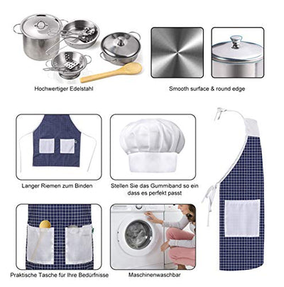 Kitchen Toy Accessories Kids Kitchen Cookware Stainless Steel Pan Set Apron and Chef Hat for Vegetables Pretend Toy Role Playing Games