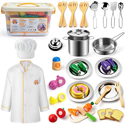 Children's kitchen accessories wood, kitchen toys play kitchen pots pans stainless steel kitchen and costume to dress up, Christmas and holidays role plays