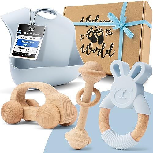 Baby Gift Boy [4-Piece] for Newborn | Handmade Toy, Silicone Bib, Wooden Car, Teething Ring, Rattle | Gift for Birth, Baby Shower