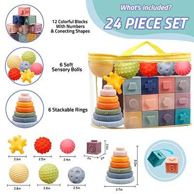 24 Piece Soft Squeeze Baby Toy Set-with Balls, Building Blocks and Stacking Tower, Sensory Toy Teether, Educational Learning Toy