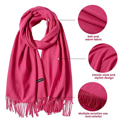 Scarf Warm Autumn Plain Cotton with Tassels/Fringes, 40+ Colors Plain & Plaid Pashmina xl Scarves, Pink Red