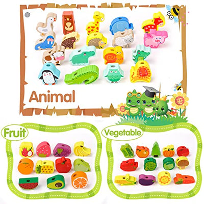 Wooden toy threading game learning game toy wooden beads fruit animal number alphabet