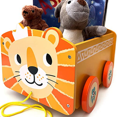 Wooden Lion Toy Box | 2-in-1 Train Car & Wheeled Storage Box for Kids Room or Bedroom | Baby Chest for Kids Toys, Game / Book Organizer