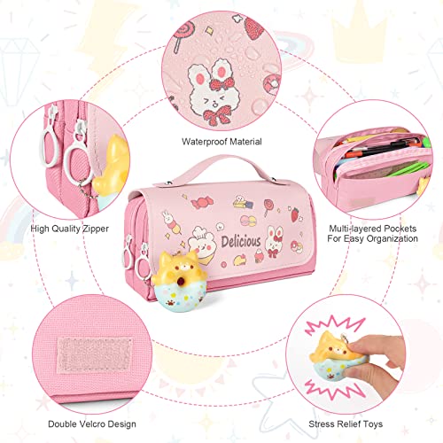 Pencil case with 3 compartments,  stationery bag, cute doughnut pencil case for school teenager