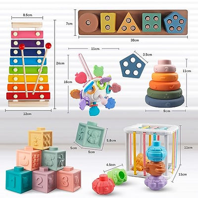 6 in 1 toys baby from 6 9 12 months 1 2 3 years, motor skills toys xylophone stacking tower wooden toys motor skills cube