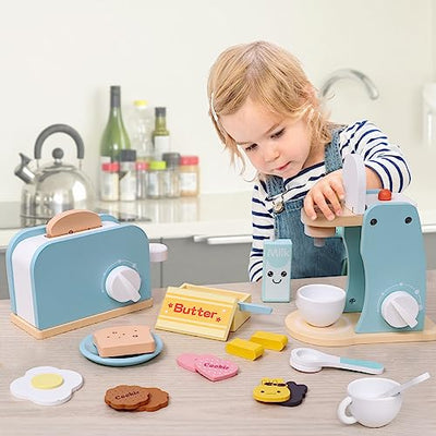 Jouet en bois pour jouer à la machine à café et au grille-pain Accessoires de cuisine pour enfants avec tranches de pain Beurre Lait Sauce Oeuf Jouet éducatif