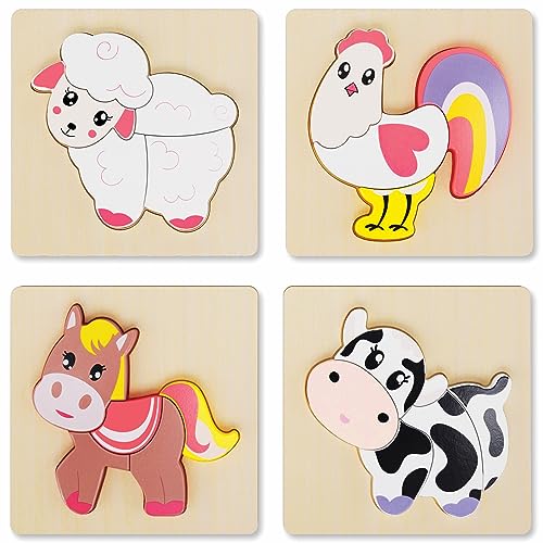 Farm animals wooden puzzle 1 year 2 years - 4 pieces wooden toys baby puzzle - plug-in puzzle wood motor skills toy - toys from 1 year - educational game