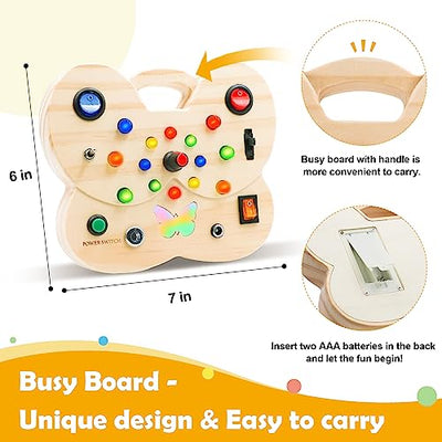 Butterfly Busy Board for Wooden Sensory Toys Toddlers LED Light Switch Board Early Development and Learning Educational Toy