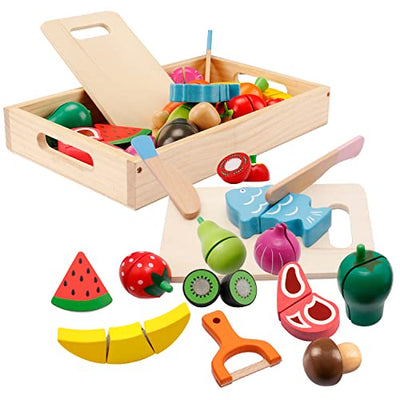 Play kitchen accessories, kids kitchen accessories wood, kitchen kids wooden toys, fruit vegetable and meat cooking simulation educational toys