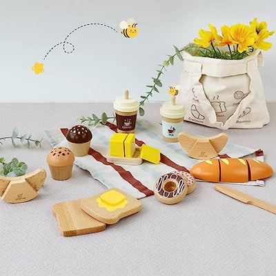 Wooden Bakery Toy Set Wooden Play Food Wooden Breakfast Play Set Kitchen Accessories for Role Playing Cutting Foods