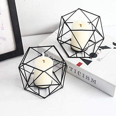 Tealight holder Candle holder Metal Black - Set of 2 Geometric Tealight Candle Holder Pillar Candle Lantern Modern Geo Deco