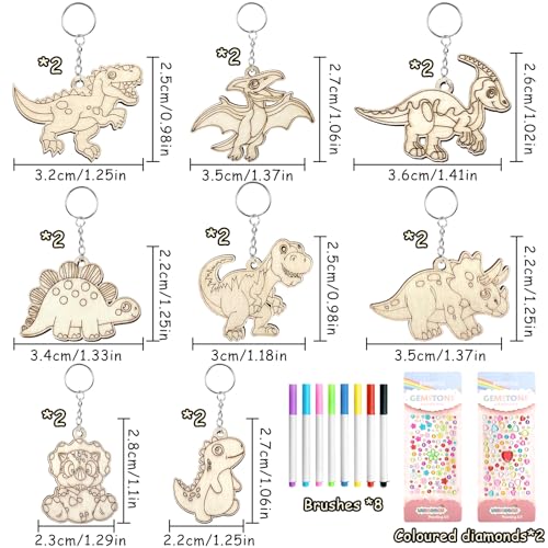 Dino keychain children, 26 pieces dinosaur wood craft set, dinosaur wood to paint, dinosaur keychain craft