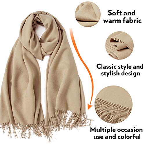 Scarf Warm Winter Autumn Plain Cotton with Tassels/Fringes, 40+ Colors Solid & Plaid Pashmina xl Scarves Beige Light Camel