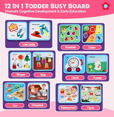 Castle Busy Board Activity Board, 12 in 1 Busy Quiet Book Toddler Toy Girls Boys, Baby Sensory, Learning Toy Motor Activity Board