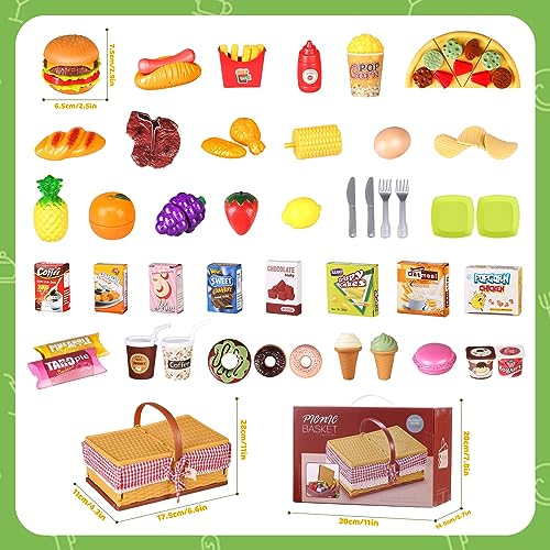 Kids kitchen accessories, play kitchen accessories with picnic basket, food toys 103 pieces, children role play games