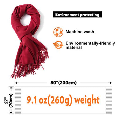 Scarf Warm Winter Autumn Plain Cotton with Tassels/Fringes, 40+ Colors Solid & Plaid Pashmina xl Scarves Red