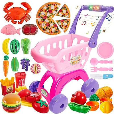 31 Piece Shopping Cart Kitchen Toy for Kids Cutting Fruit Vegetable Food Toy Shop Accessories Role Playing