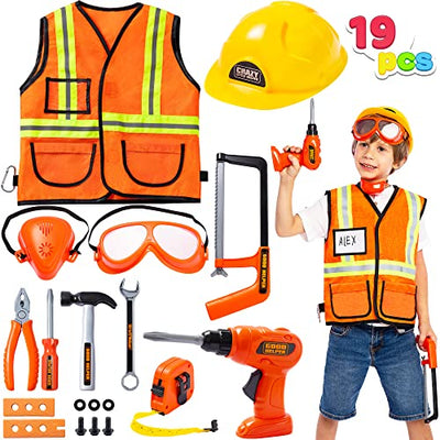 Construction worker costume role play tool toy set, with hard hat, goggles, types of toy tools, for architecture role play, Halloween party, carnival and birthday