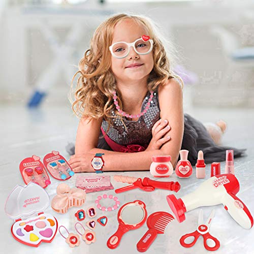 Ensemble de maquillage pour enfants, jouet de coiffeur princesse avec de nombreux accessoires - 28 pièces 