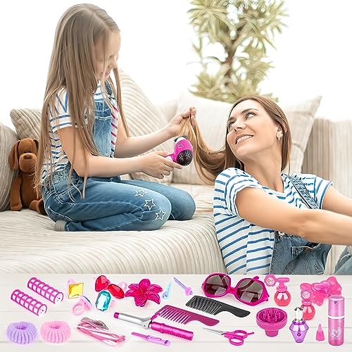 34 Piece Hairdresser and Glamour Vanity Carry Case Play Set Makeup Accessories, Pretend Jewelry, Curling Iron and Toy Hair Dryer Included