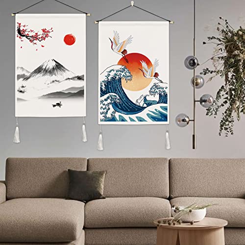 Japanese tapestry, Mount Fuji, wall hanging, great wave crane, wall art with tassels, cherry blossoms, sun tapestries